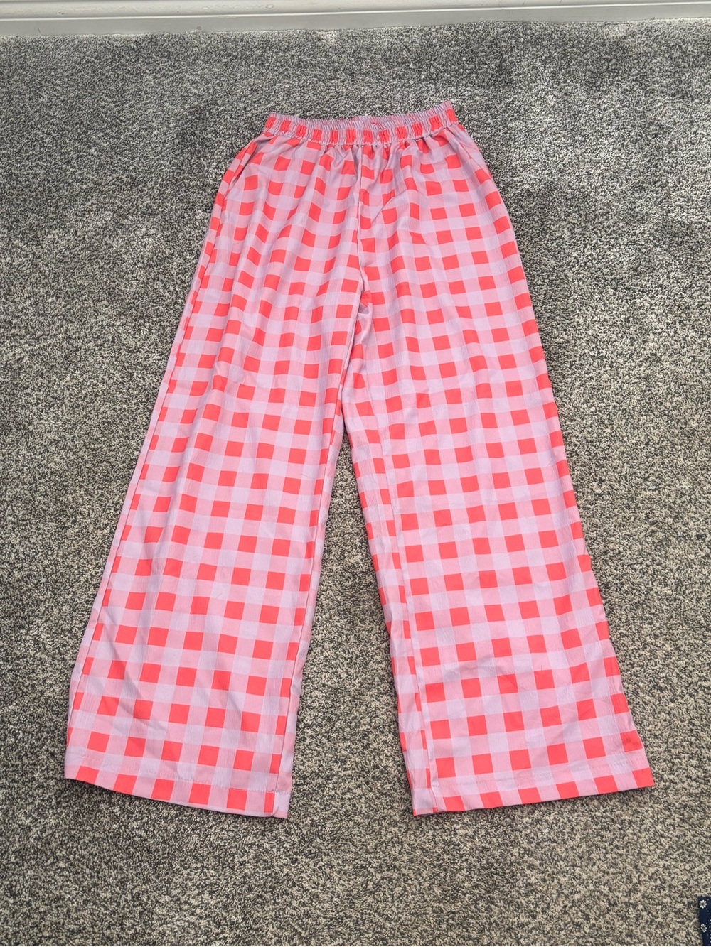 Pink and Coral Gingham Wide-Leg Pants